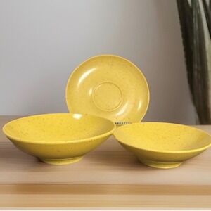 Holiday Kenro Yellow Speckled Melamine Bowls & Saucer Set 3pc MCM Melmac